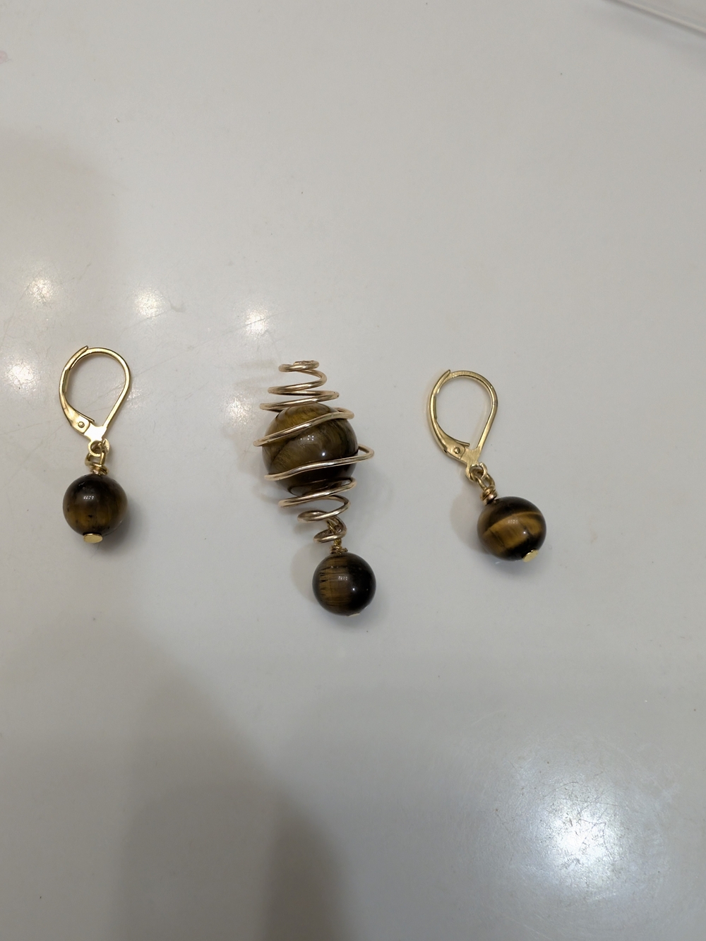Gold-Tone Tiger Eye Bead Earrings and Pendant Set